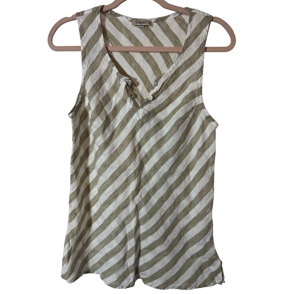 Vanity Tank Top XL Made in Italy Diagonal Stripe Tan White Linen Sleeveless - Picture 2 of 7